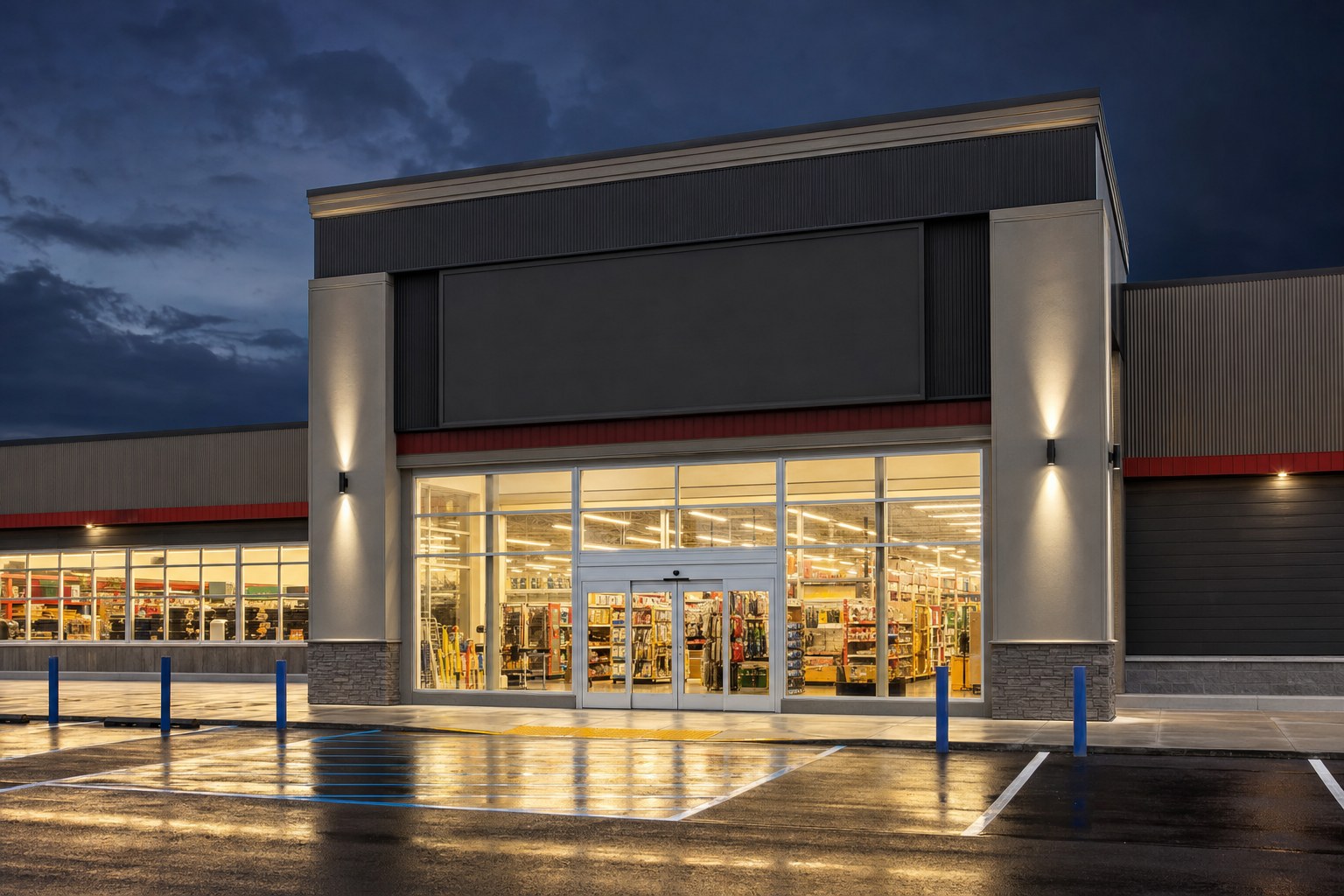 Commercial hardware store entry completed during overnight work